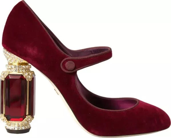 Dolce & Gabbana Red Velvet Gold Crystals Heels Mary Janes Shoes | Regal Royce