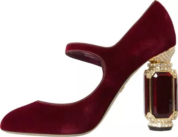 Dolce & Gabbana Red Velvet Gold Crystals Heels Mary Janes Shoes | Regal Royce