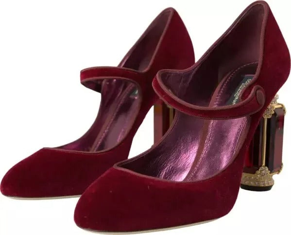 Dolce & Gabbana Red Velvet Gold Crystals Heels Mary Janes Shoes | Regal Royce