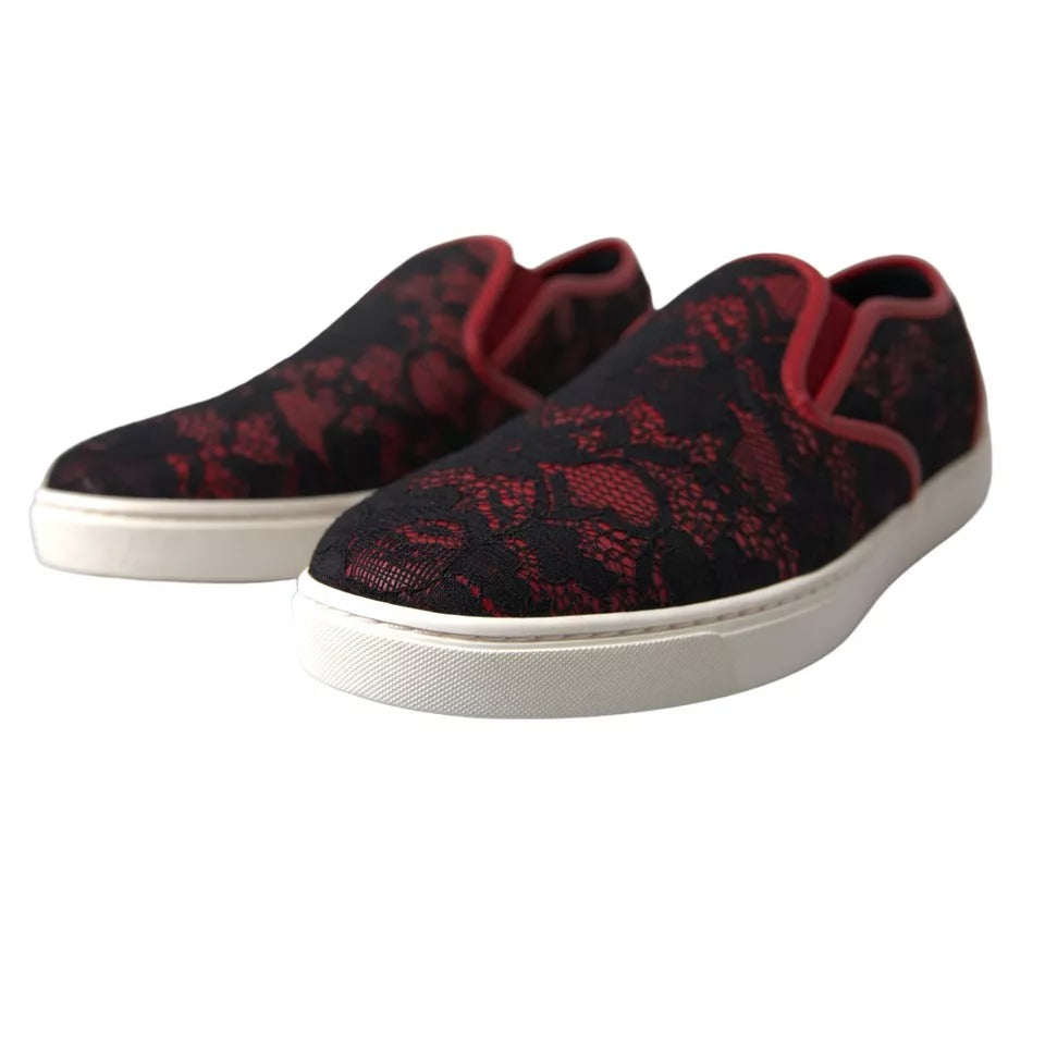 Dolce & Gabbana Black Red Lace Slip On Low Top Sneakers Shoes | Regal Royce