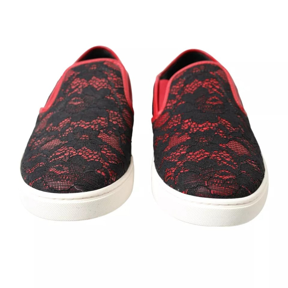 Dolce & Gabbana Black Red Lace Slip On Low Top Sneakers Shoes | Regal Royce