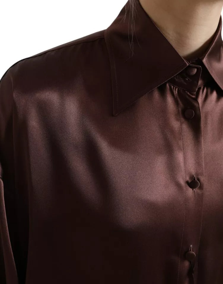 Dolce & Gabbana Brown Silk Collared Long Sleeves Top Blouse | Regal Royce