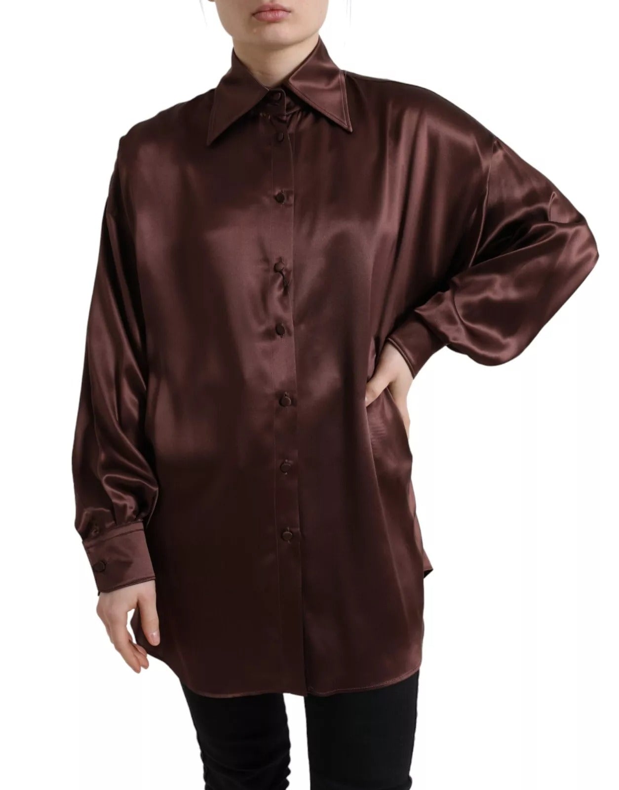 Dolce & Gabbana Brown Silk Collared Long Sleeves Top Blouse | Regal Royce