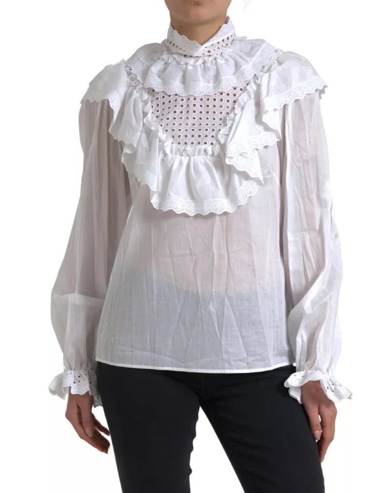 Dolce & Gabbana White Cotton Lace Trim Turtle Neck Blouse | Regal Royce