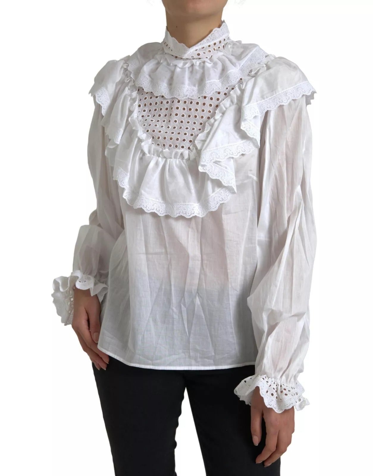 Dolce & Gabbana White Cotton Lace Trim Turtle Neck Blouse | Regal Royce