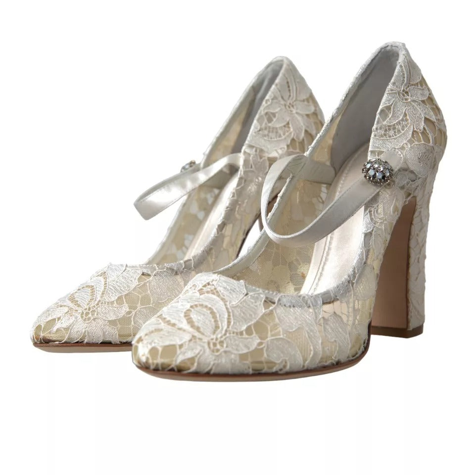 Dolce & Gabbana White Lace Crystals Heels Sandals Shoes | Regal Royce