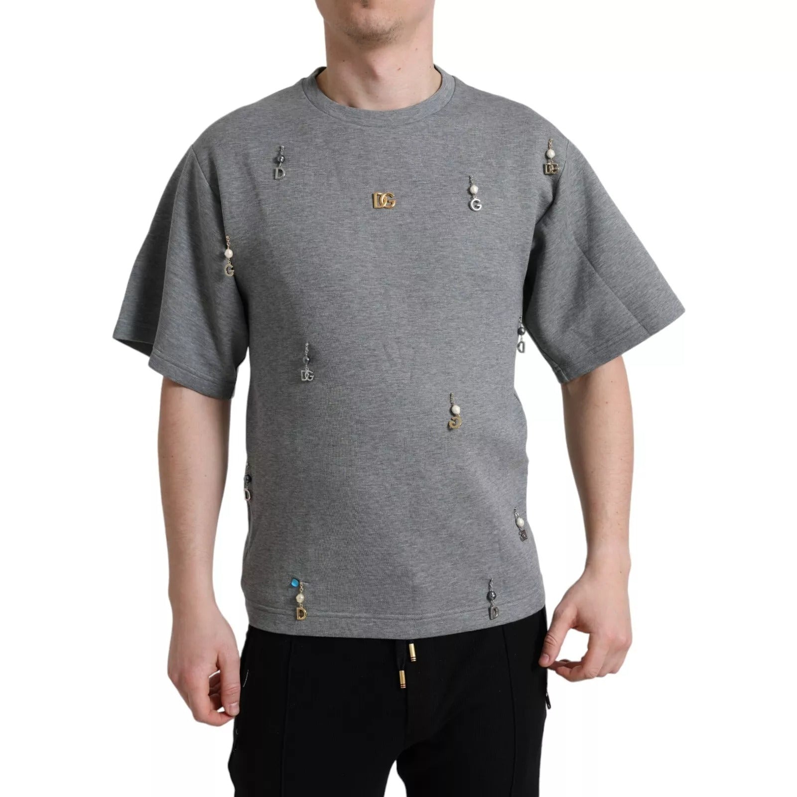 Dolce & Gabbana Gray Cotton Embellished Crew Neck  T-shirt | Regal Royce