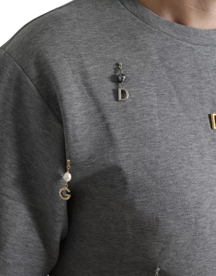 Dolce & Gabbana Gray Cotton Embellished Crew Neck  T-shirt | Regal Royce