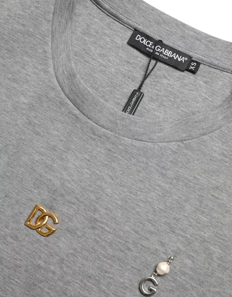 Dolce & Gabbana Gray Cotton Embellished Crew Neck  T-shirt | Regal Royce
