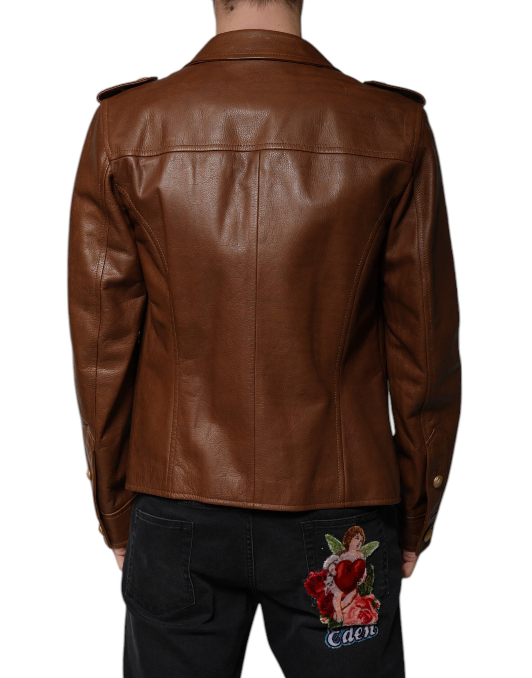 Dolce & Gabbana Brown Calfskin Leather Button Down Jacket | Regal Royce