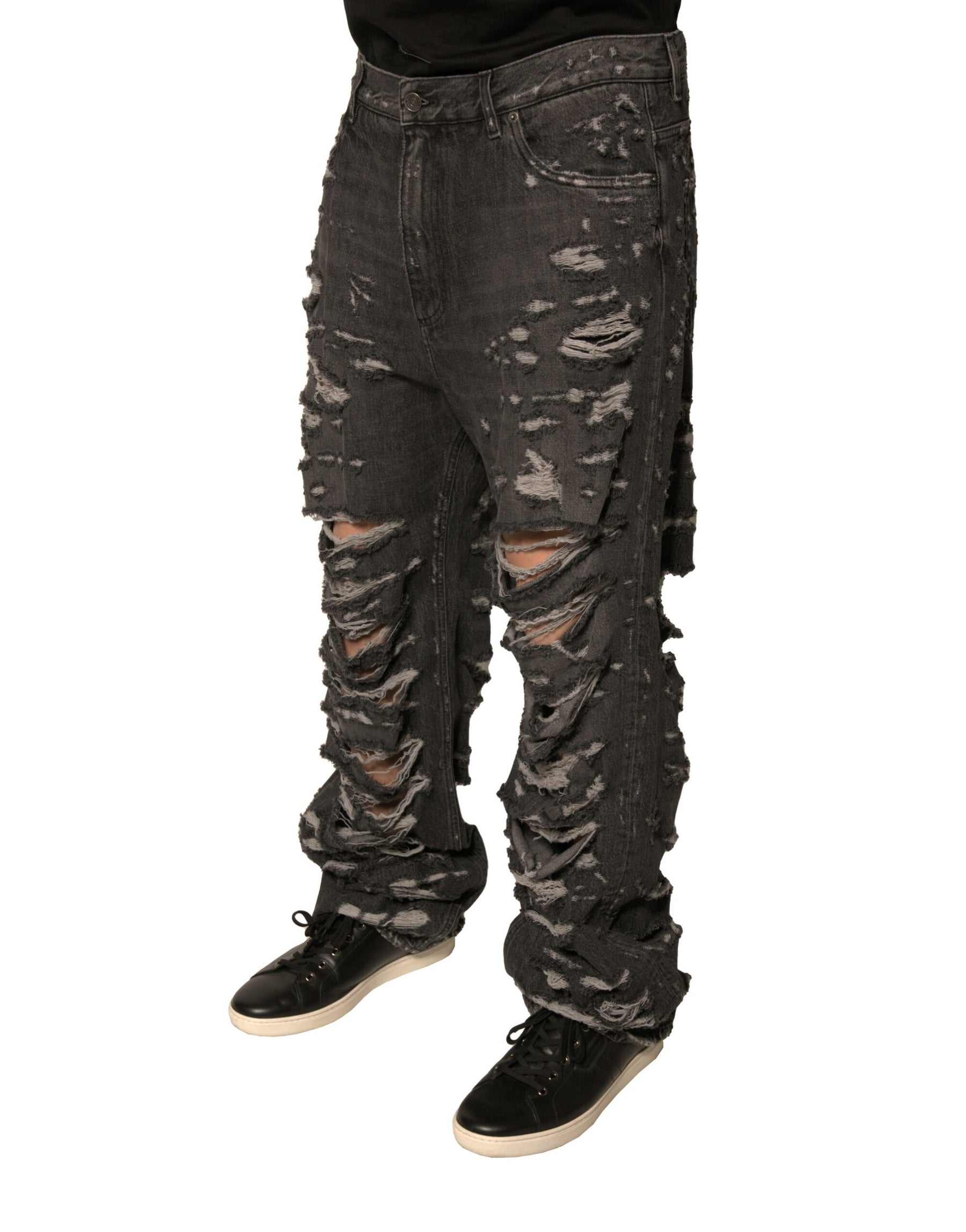 Dolce & Gabbana Gray Tattered Cotton Straight Men Denim Jeans | Regal Royce