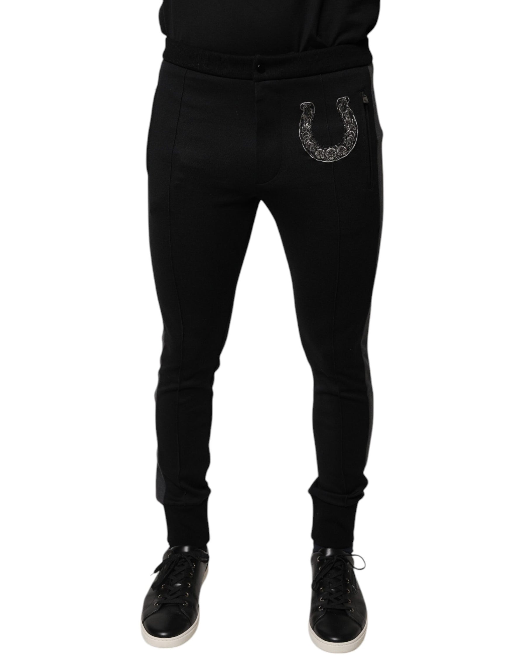 Dolce & Gabbana Black Horseshoe Embellished Wool Slim Fit Pants | Regal Royce