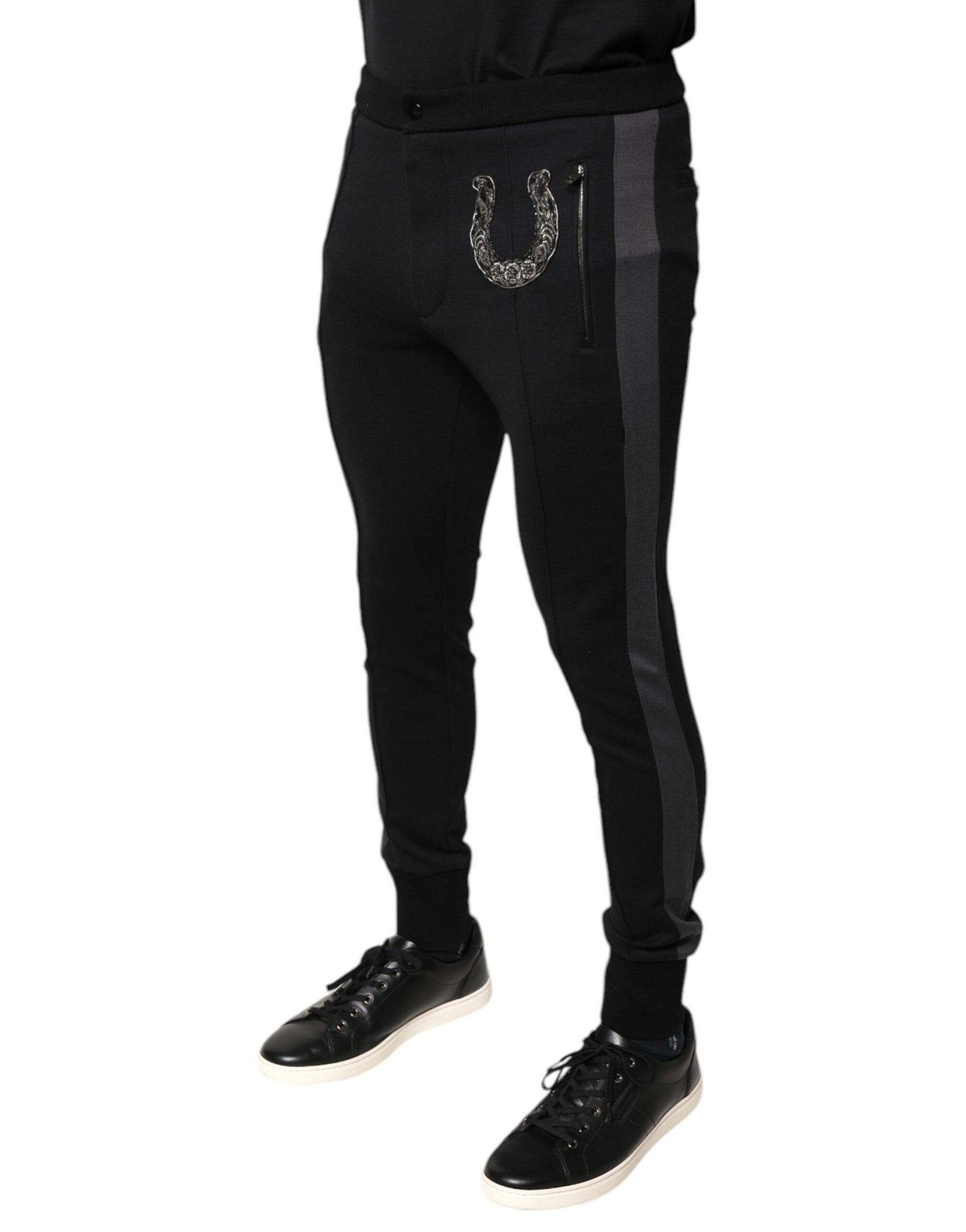Dolce & Gabbana Black Horseshoe Embellished Wool Slim Fit Pants | Regal Royce