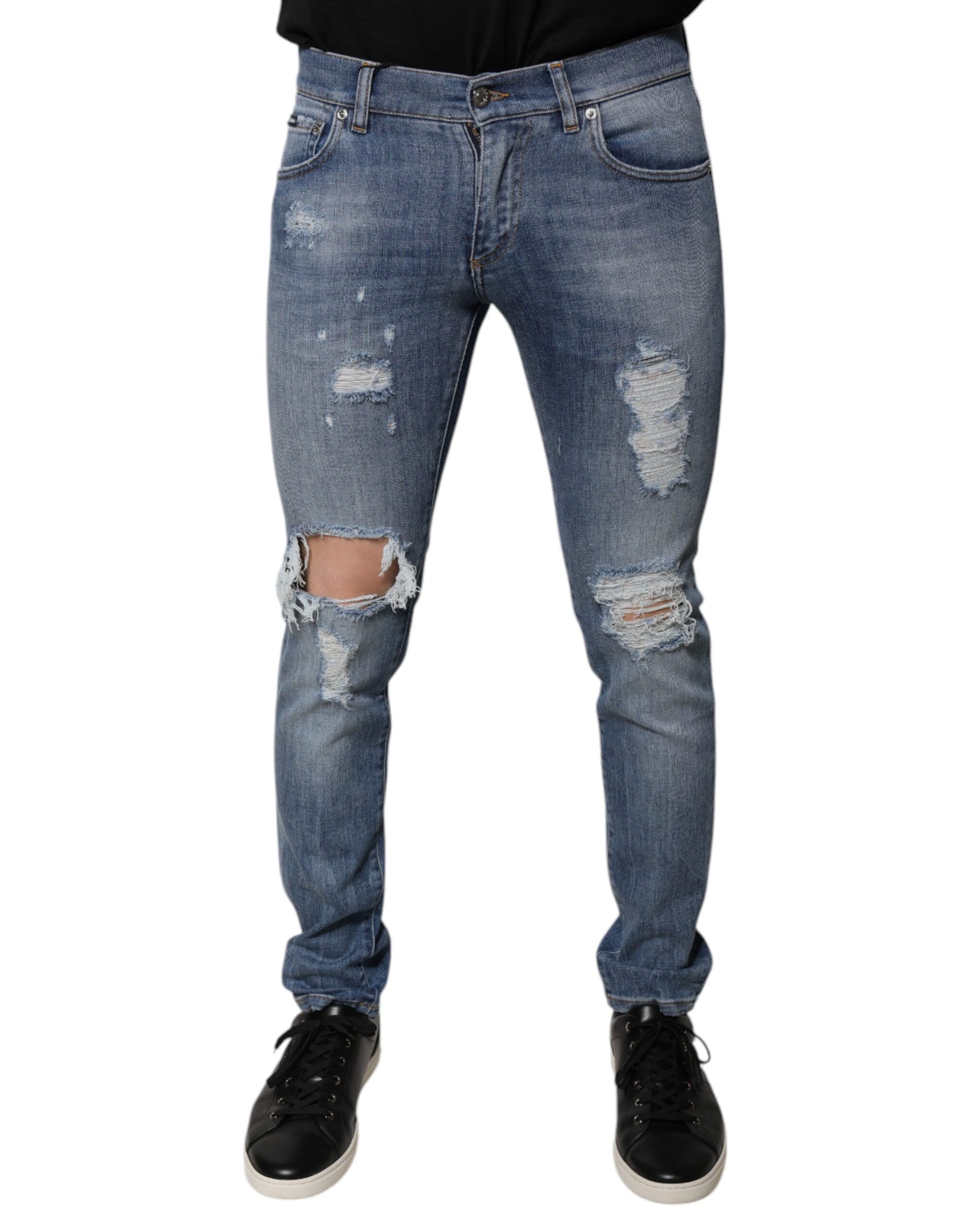 Dolce & Gabbana Blue Tattered Cotton Stretch Skinny Denim Jeans | Regal Royce