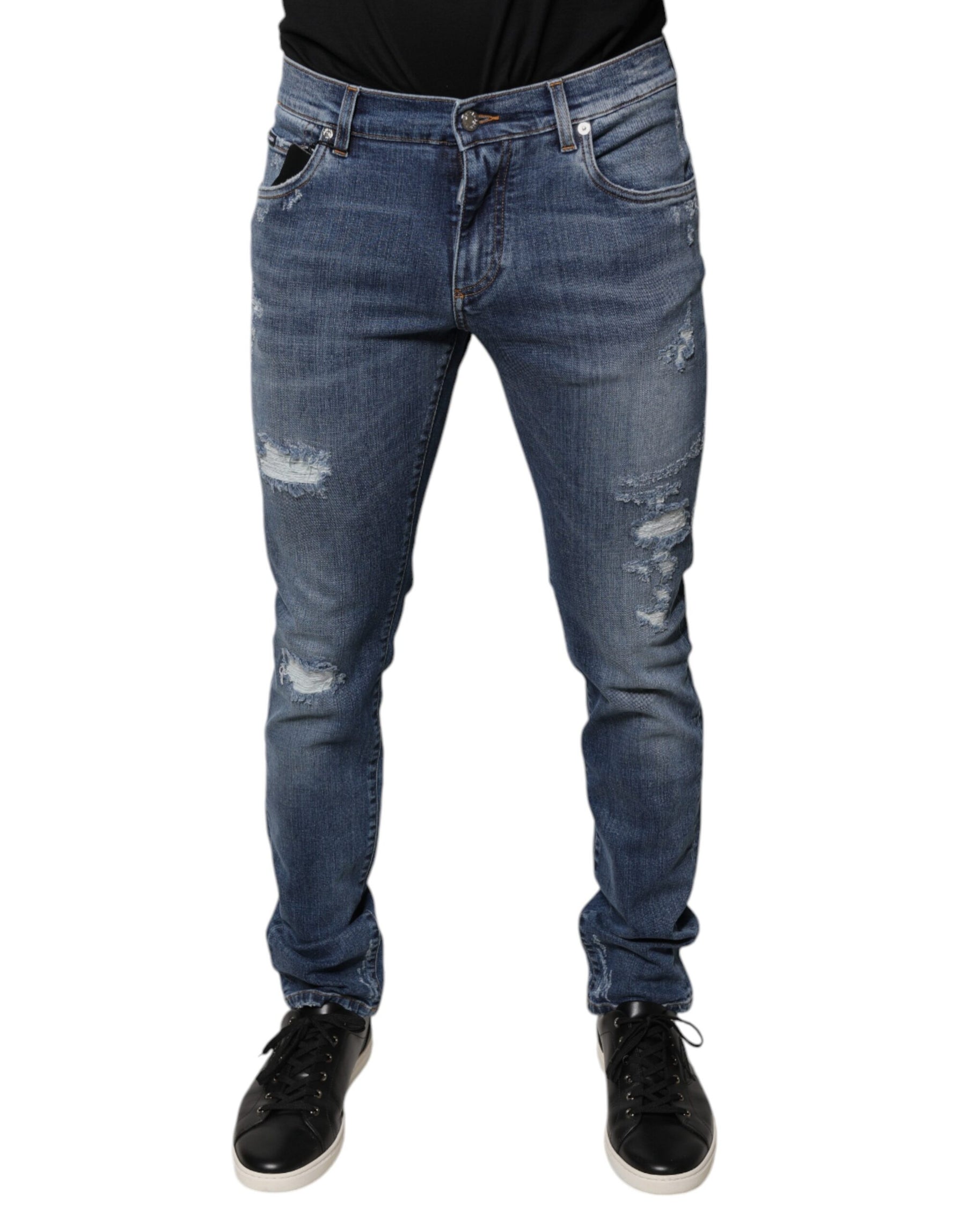 Dolce & Gabbana Blue Tattered Cotton Stretch Skinny Denim Jeans | Regal Royce