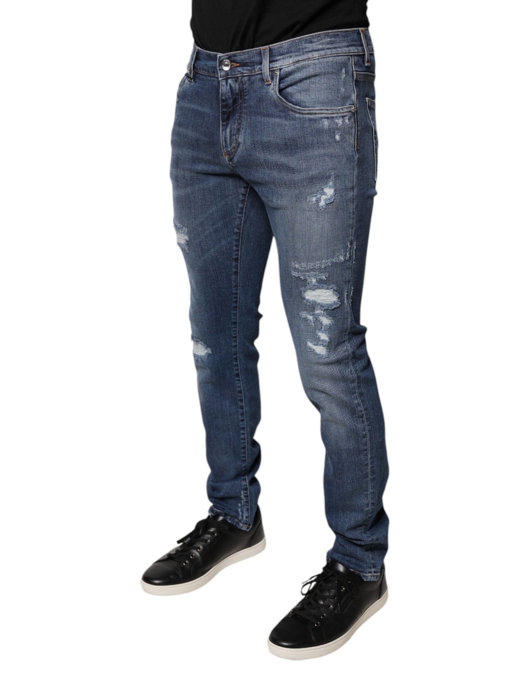 Dolce & Gabbana Blue Tattered Cotton Stretch Skinny Denim Jeans | Regal Royce