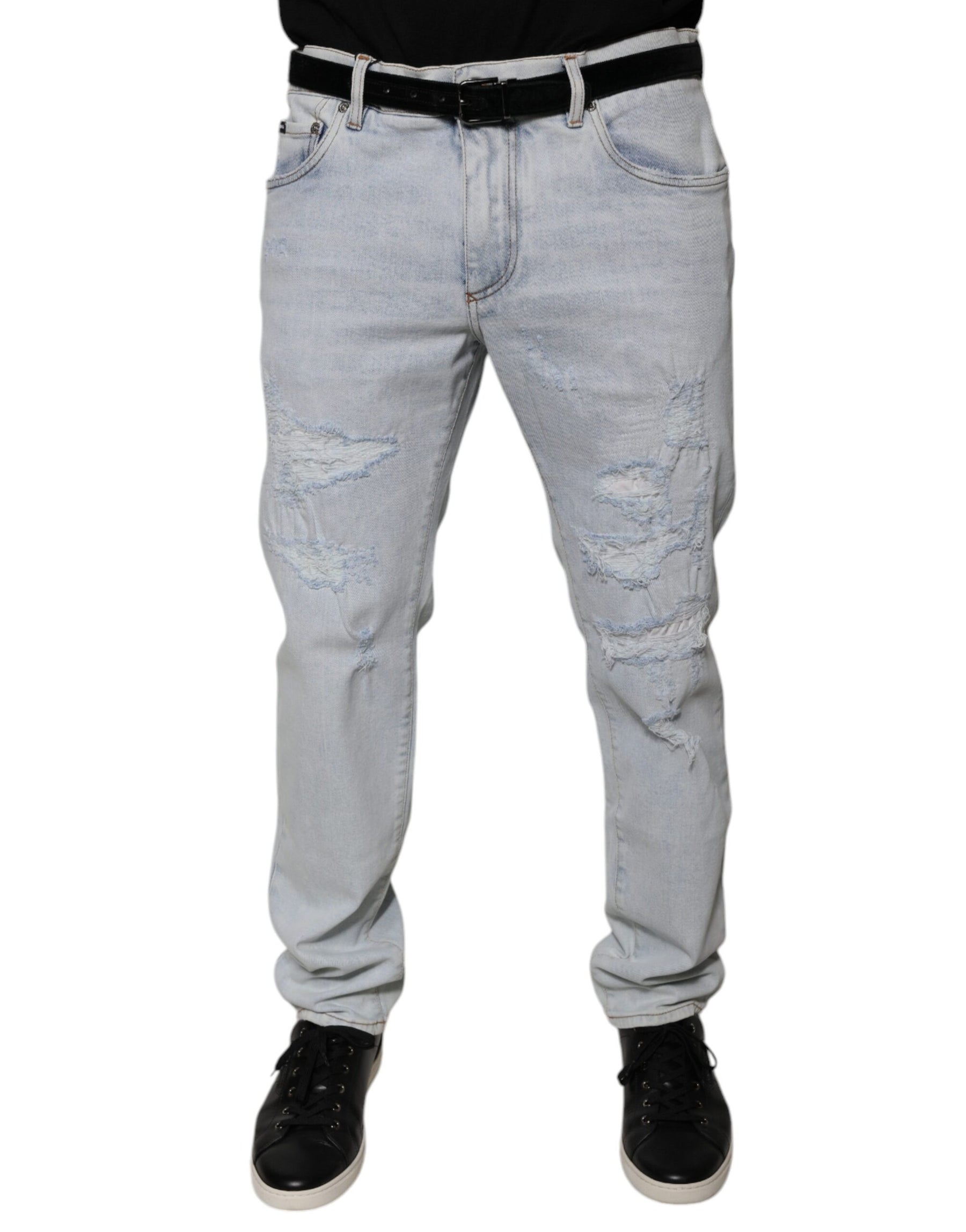 Dolce & Gabbana Light Blue Cotton Tattered Skinny Denim Jeans | Regal Royce