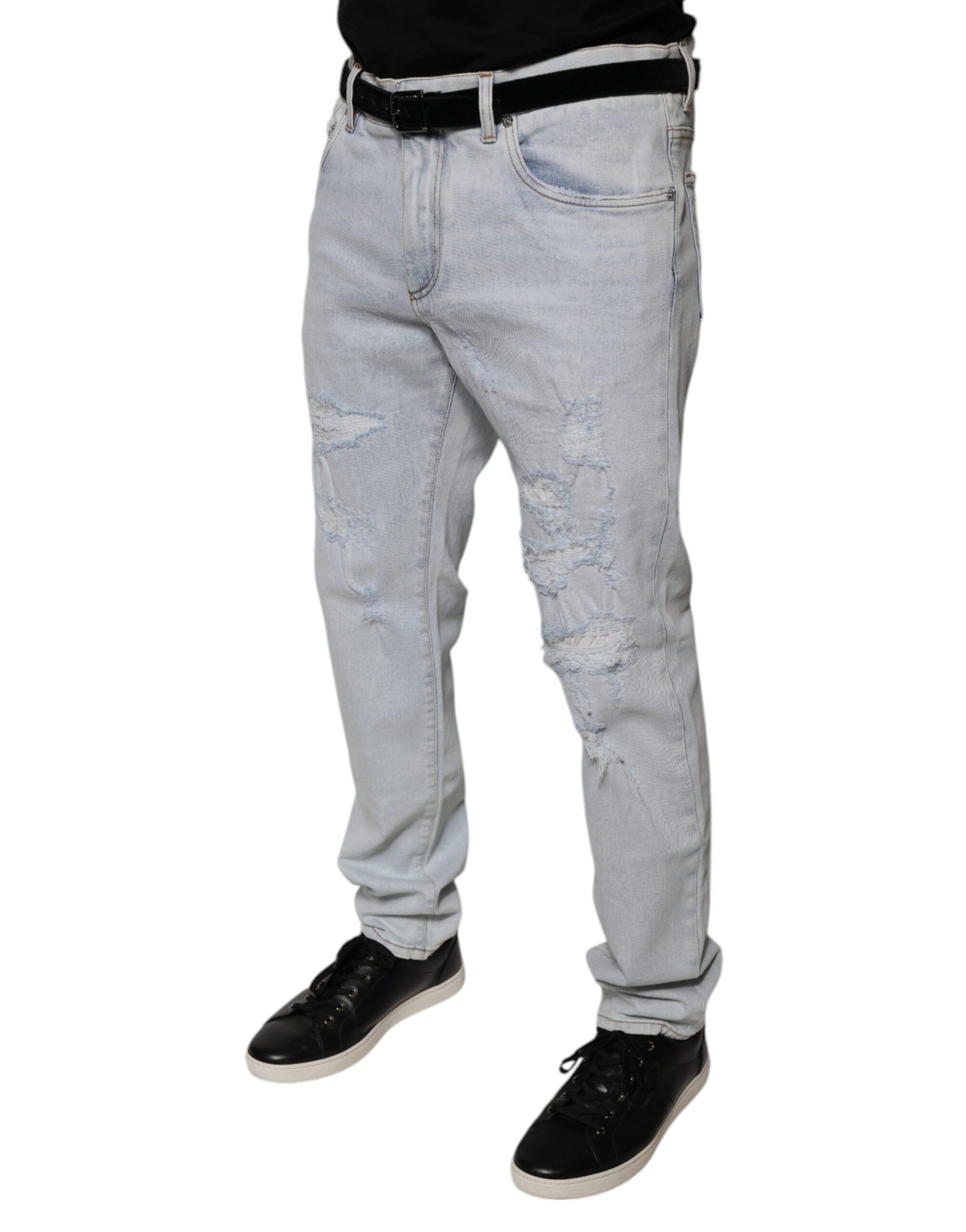 Dolce & Gabbana Light Blue Cotton Tattered Skinny Denim Jeans | Regal Royce