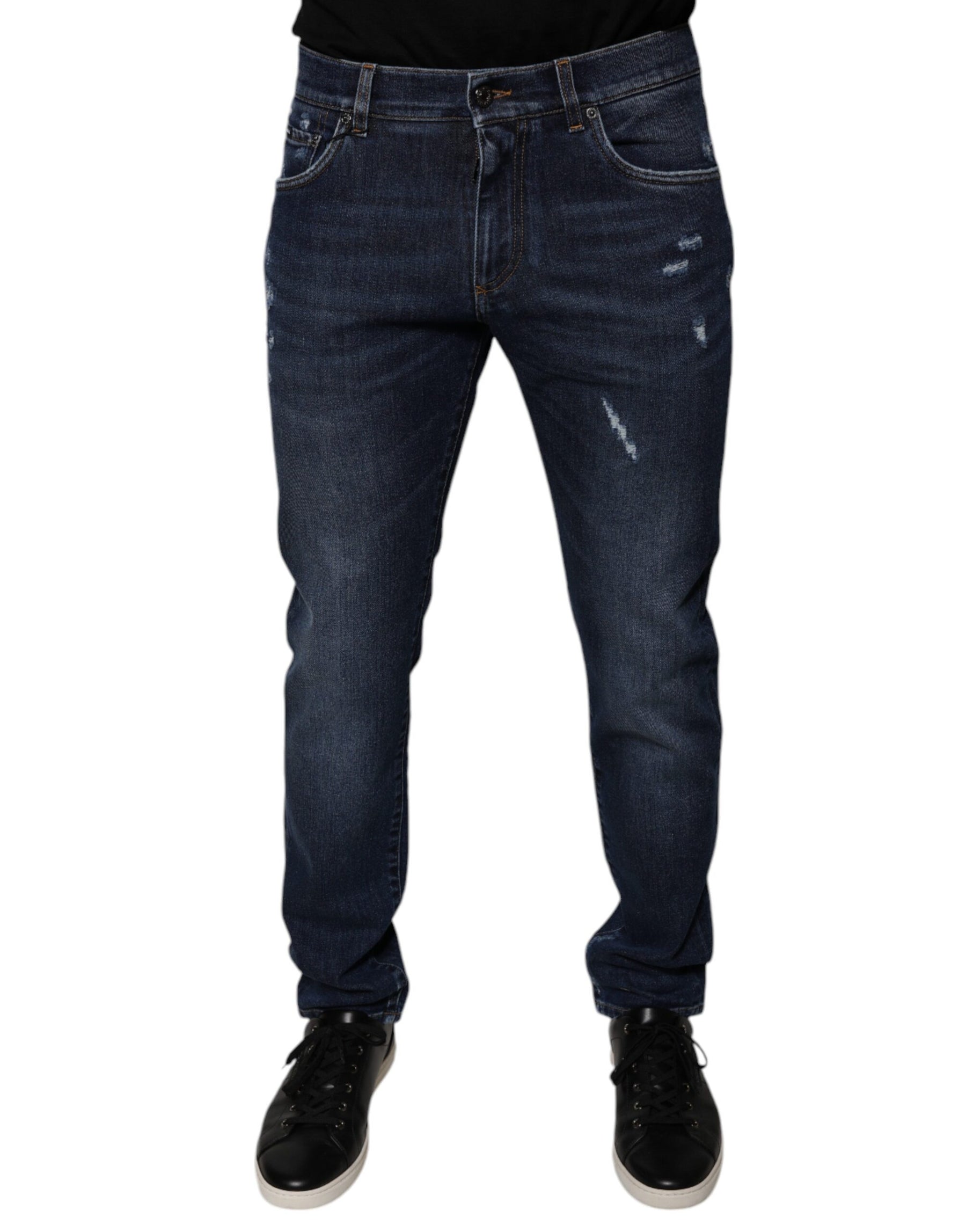 Dolce & Gabbana Dark Blue Cotton Logo Skinny Denim Jeans | Regal Royce