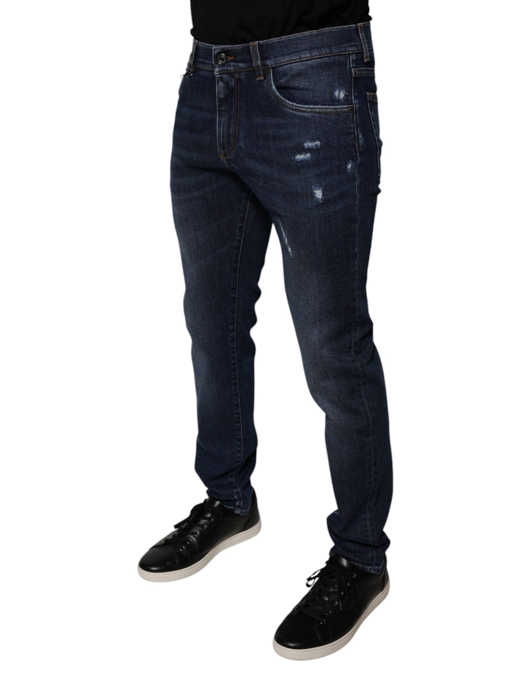 Dolce & Gabbana Dark Blue Cotton Logo Skinny Denim Jeans | Regal Royce