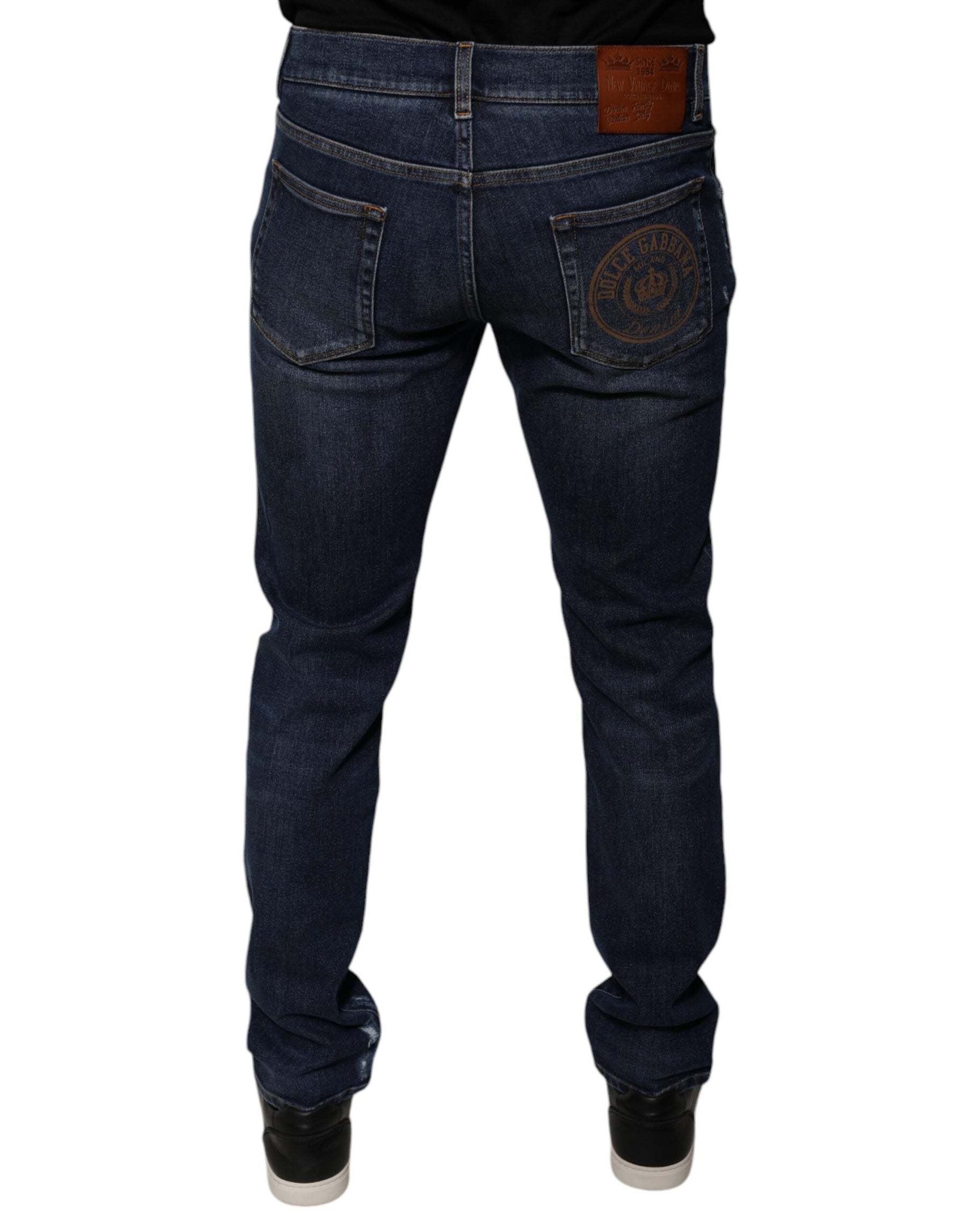 Dolce & Gabbana Dark Blue Cotton Logo Skinny Denim Jeans | Regal Royce