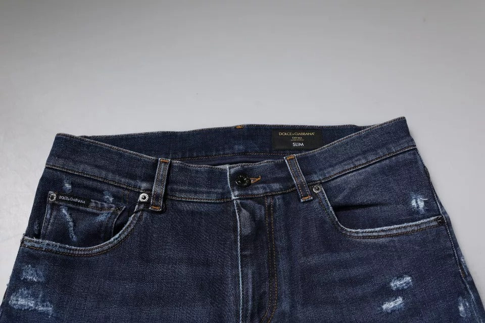 Dolce & Gabbana Dark Blue Cotton Logo Skinny Denim Jeans | Regal Royce