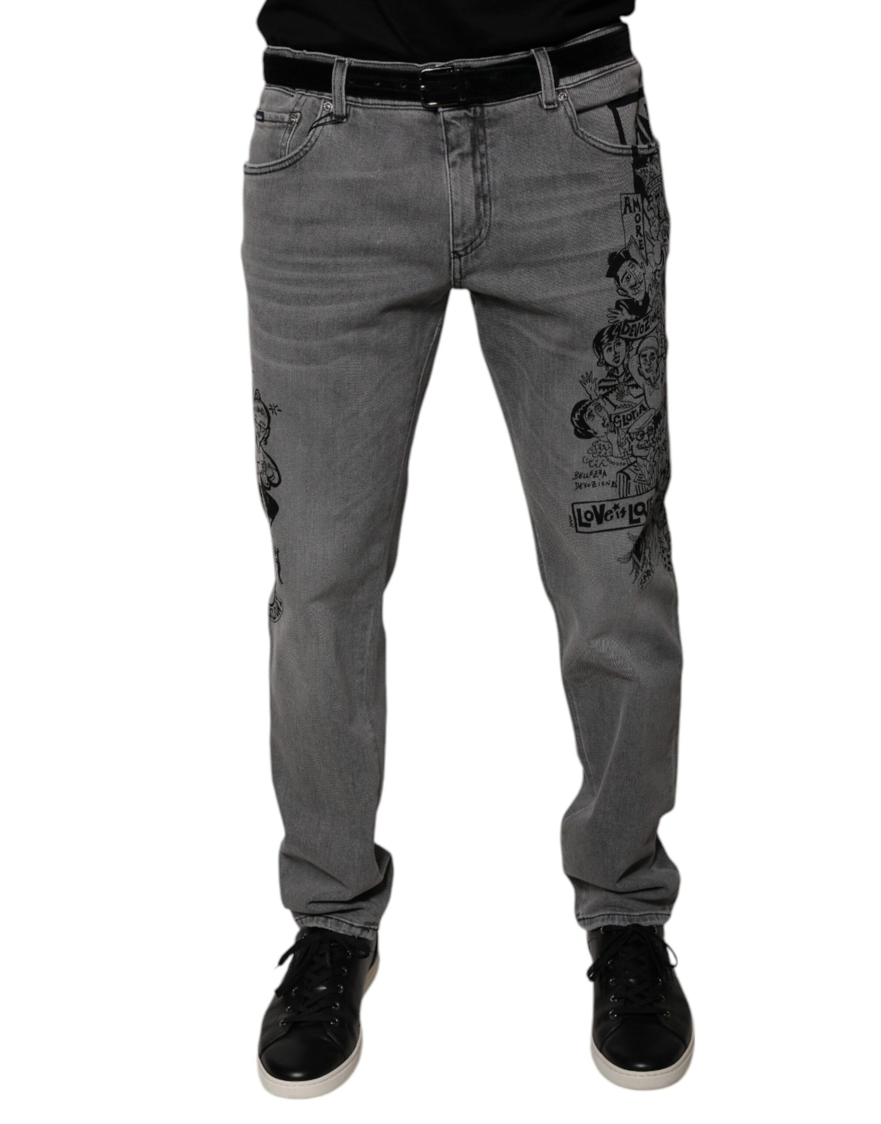 Dolce & Gabbana Gray Graphic Print Cotton Skinny Denim Jeans | Regal Royce