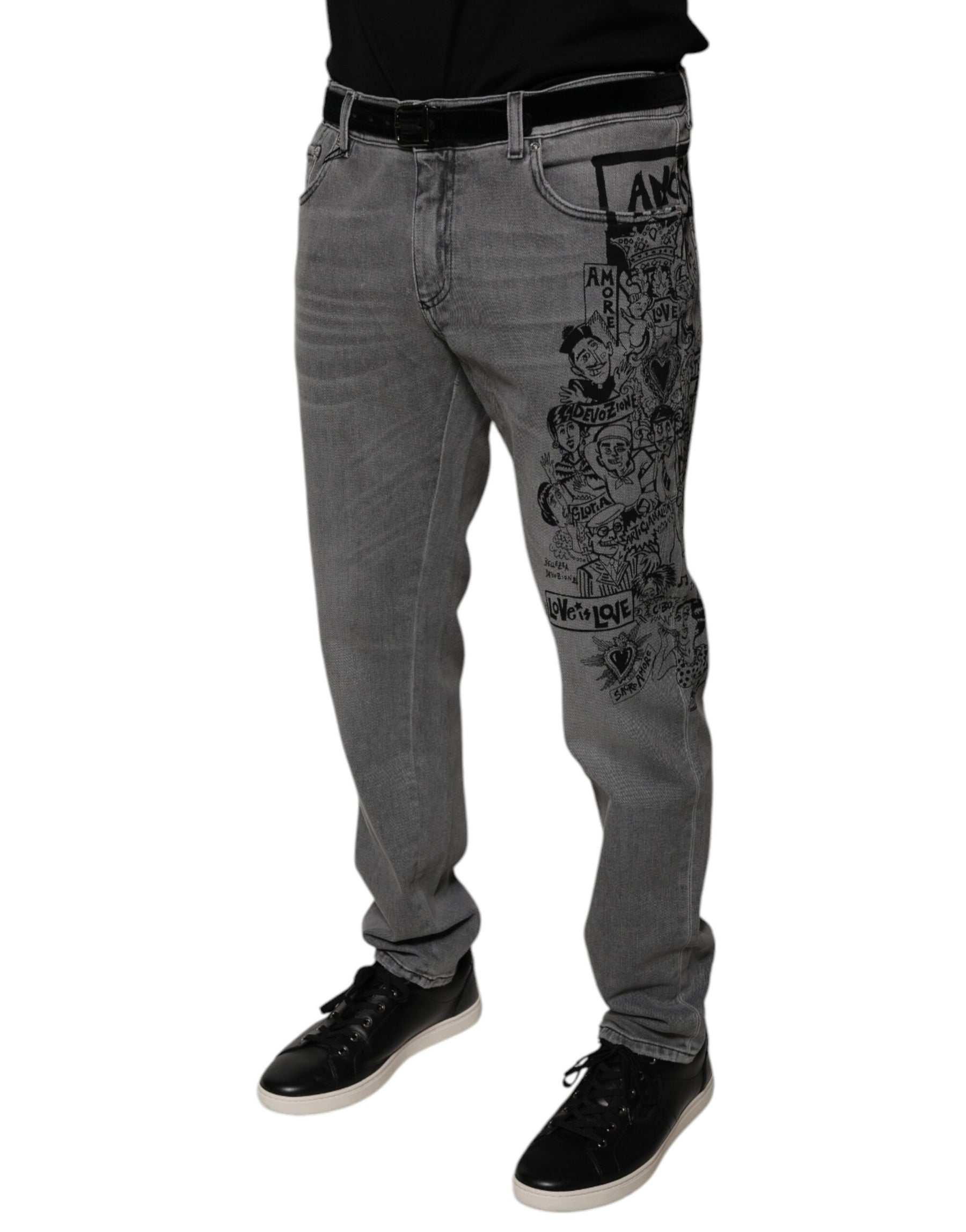 Dolce & Gabbana Gray Graphic Print Cotton Skinny Denim Jeans | Regal Royce