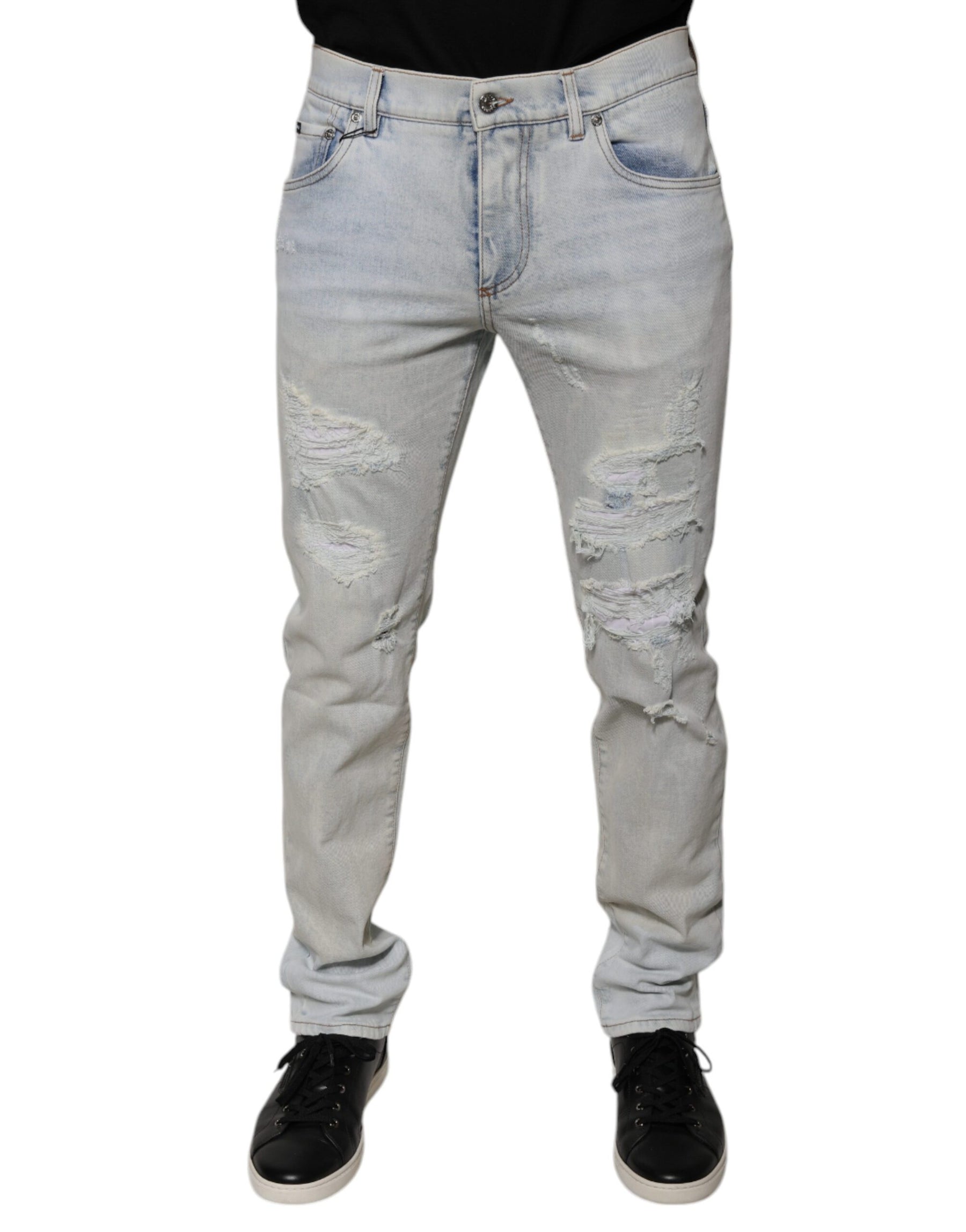 Dolce & Gabbana Light Blue Cotton Blend Tattered Skinny Denim Jeans | Regal Royce