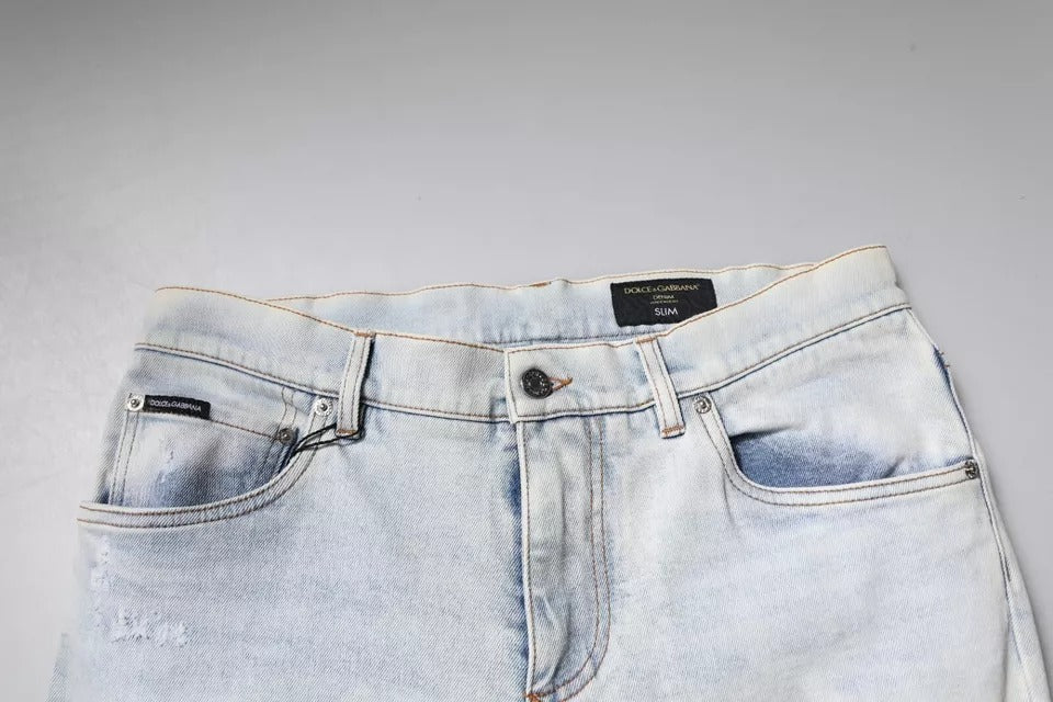 Dolce & Gabbana Light Blue Cotton Blend Tattered Skinny Denim Jeans | Regal Royce