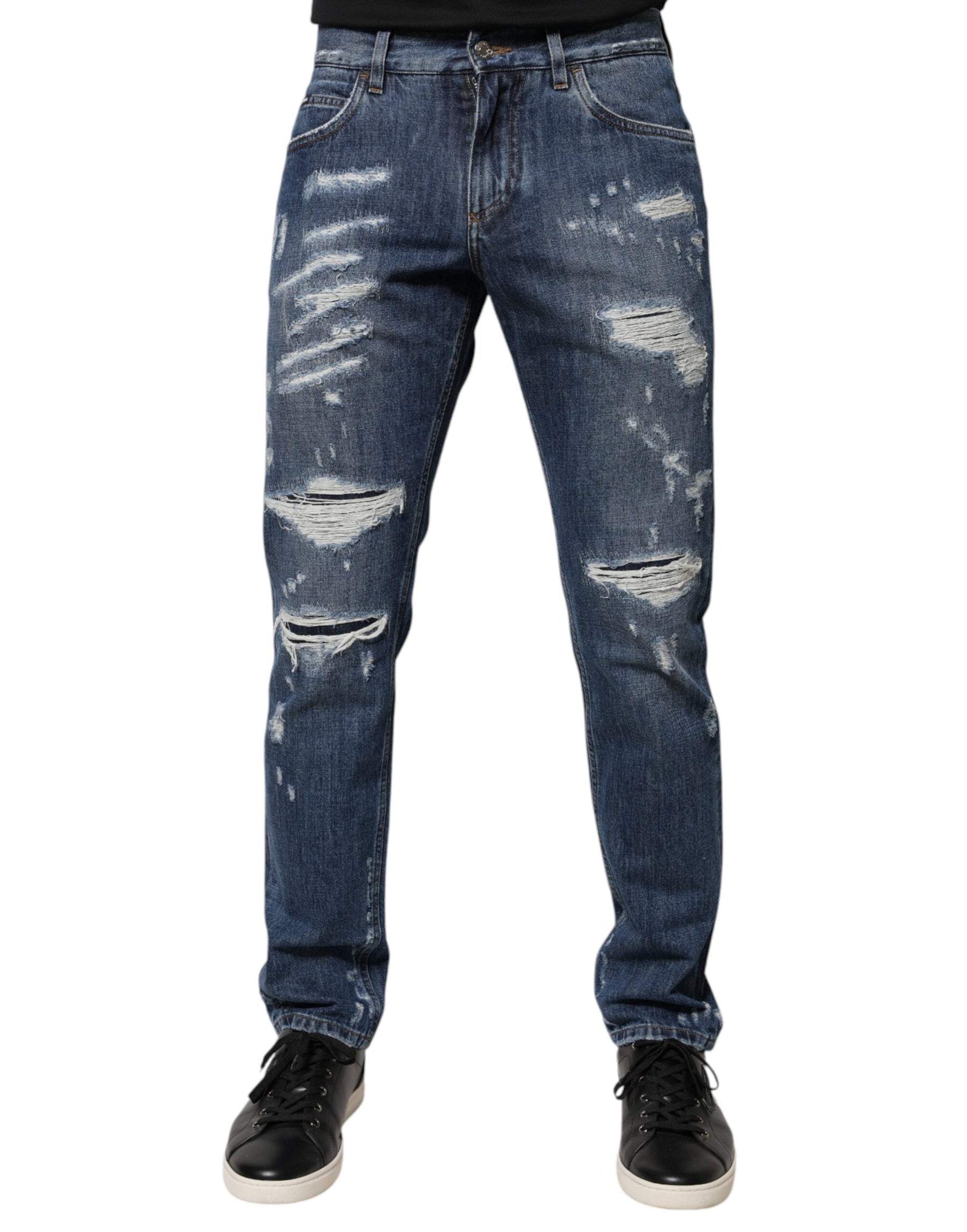 Dolce & Gabbana Blue Cotton Tattered Skinny Denim Jeans | Regal Royce