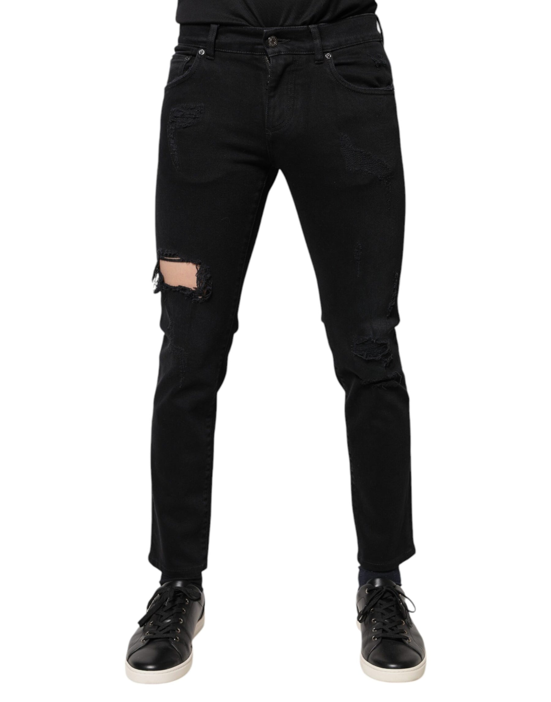 Dolce & Gabbana Black Cotton Tattered Skinny Denim Logo Jeans | Regal Royce