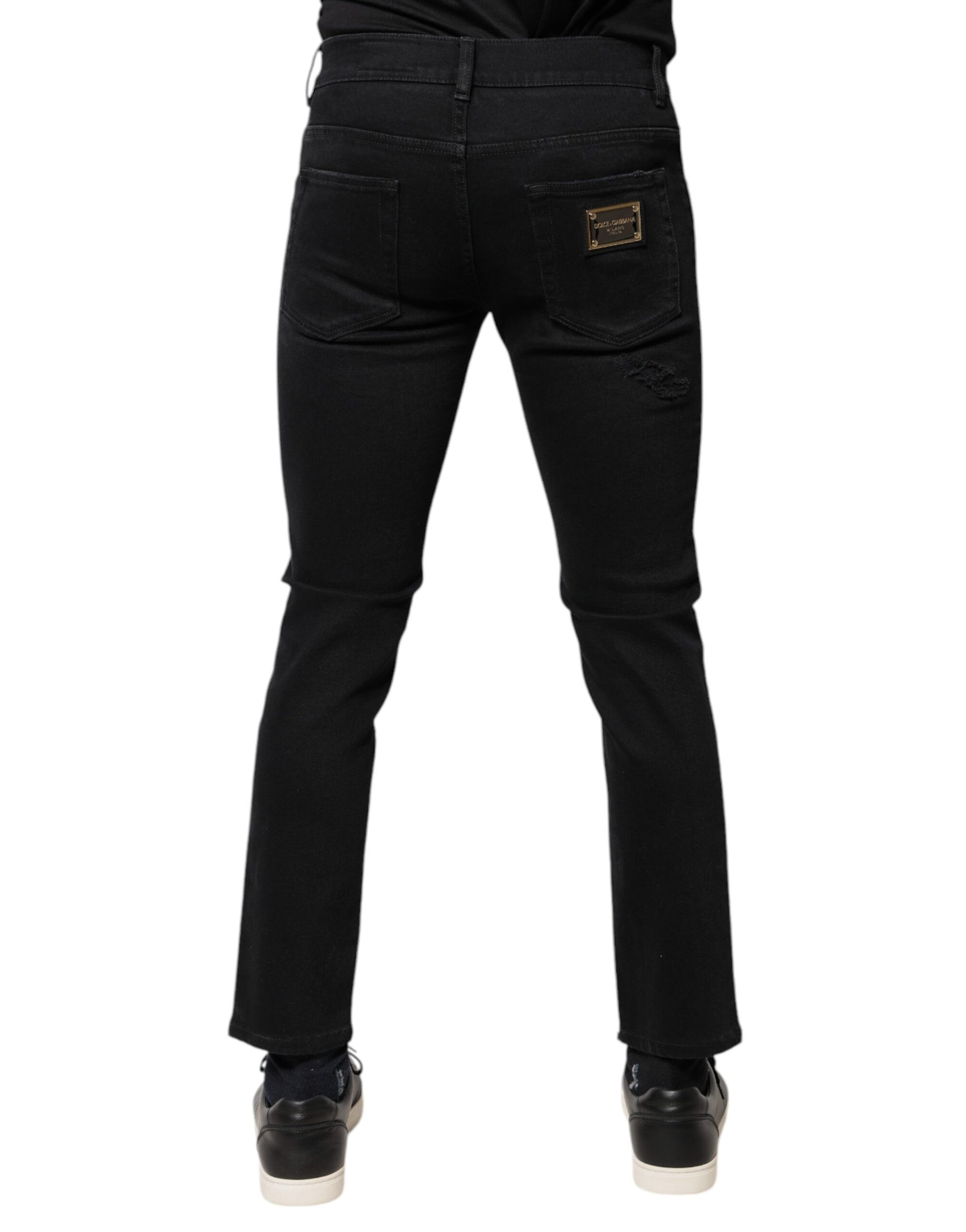 Dolce & Gabbana Black Cotton Tattered Skinny Denim Logo Jeans | Regal Royce