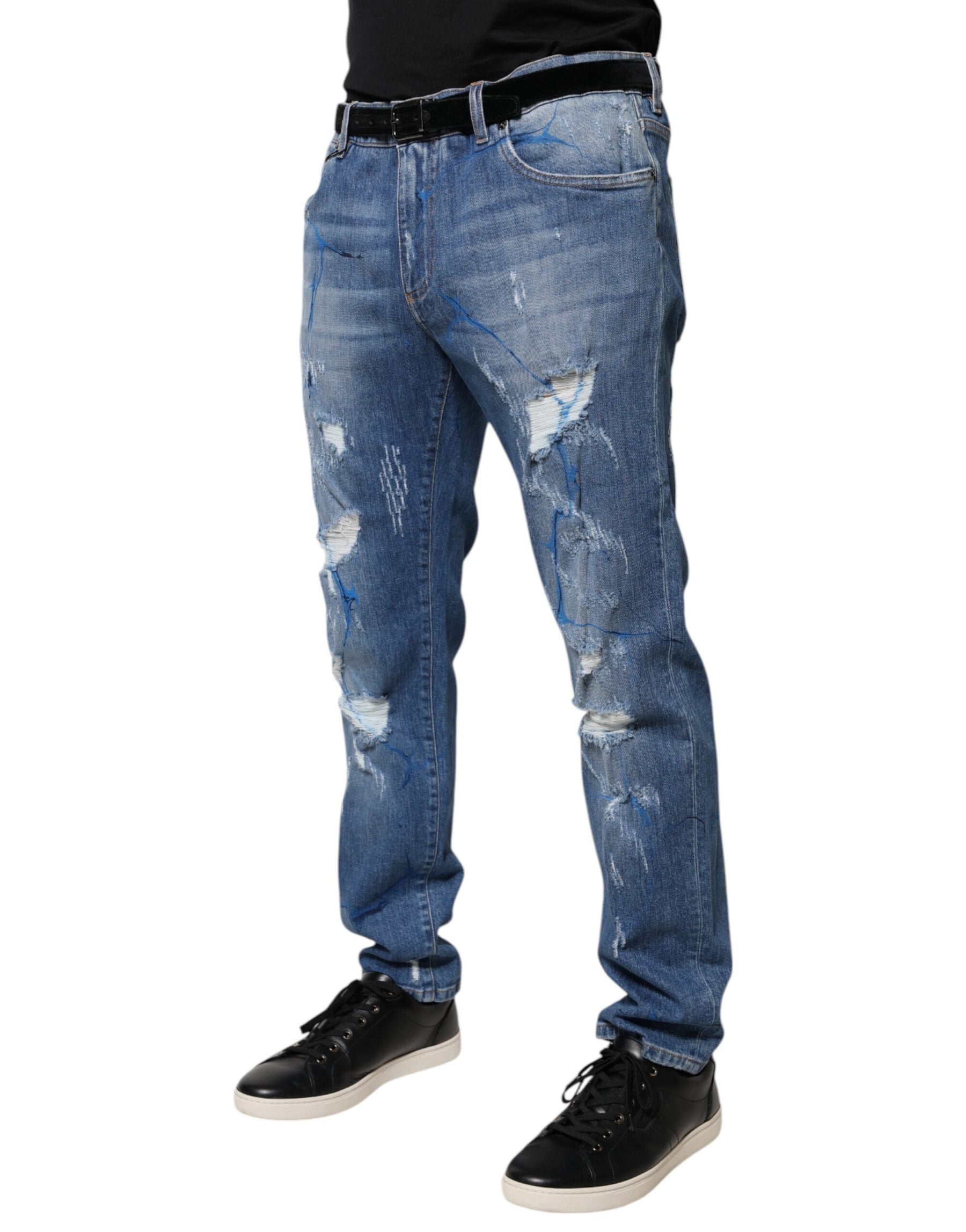 Dolce & Gabbana Blue Cotton Stretch Tattered Skinny Denim Jeans | Regal Royce