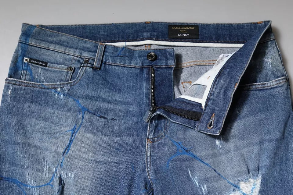 Dolce & Gabbana Blue Cotton Stretch Tattered Skinny Denim Jeans | Regal Royce