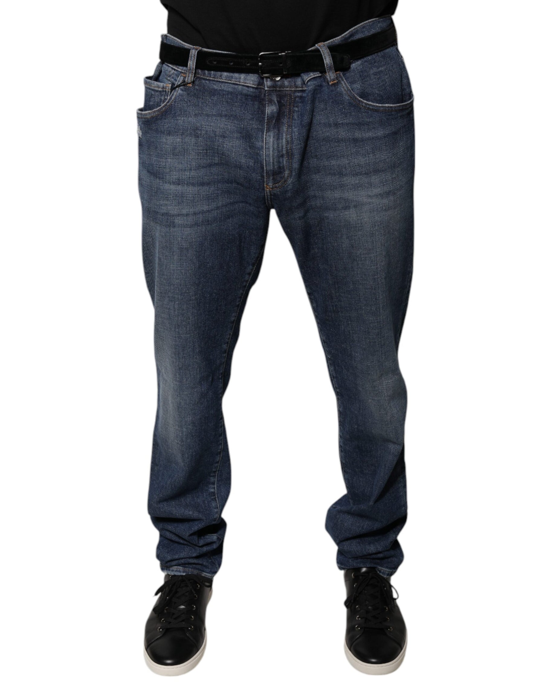 Dolce & Gabbana Dark Blue Cotton Logo Skinny Denim Jeans | Regal Royce