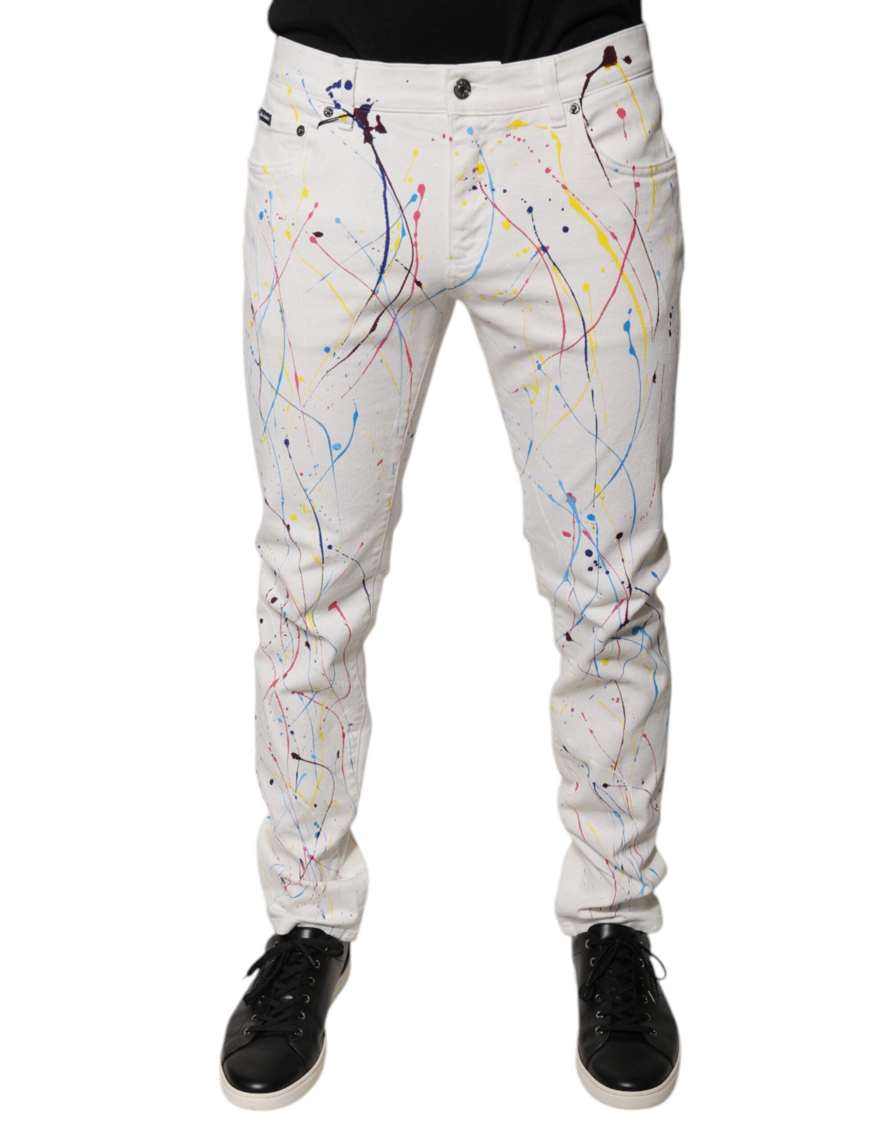 Dolce & Gabbana White Color Splash Print Skinny Denim Jeans | Regal Royce