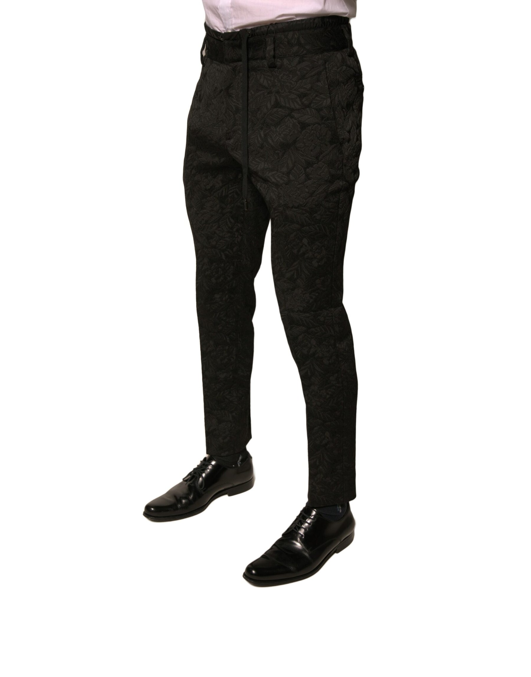 Dolce & Gabbana Black Brocade Polyester Skinny Men Dress Pants | Regal Royce