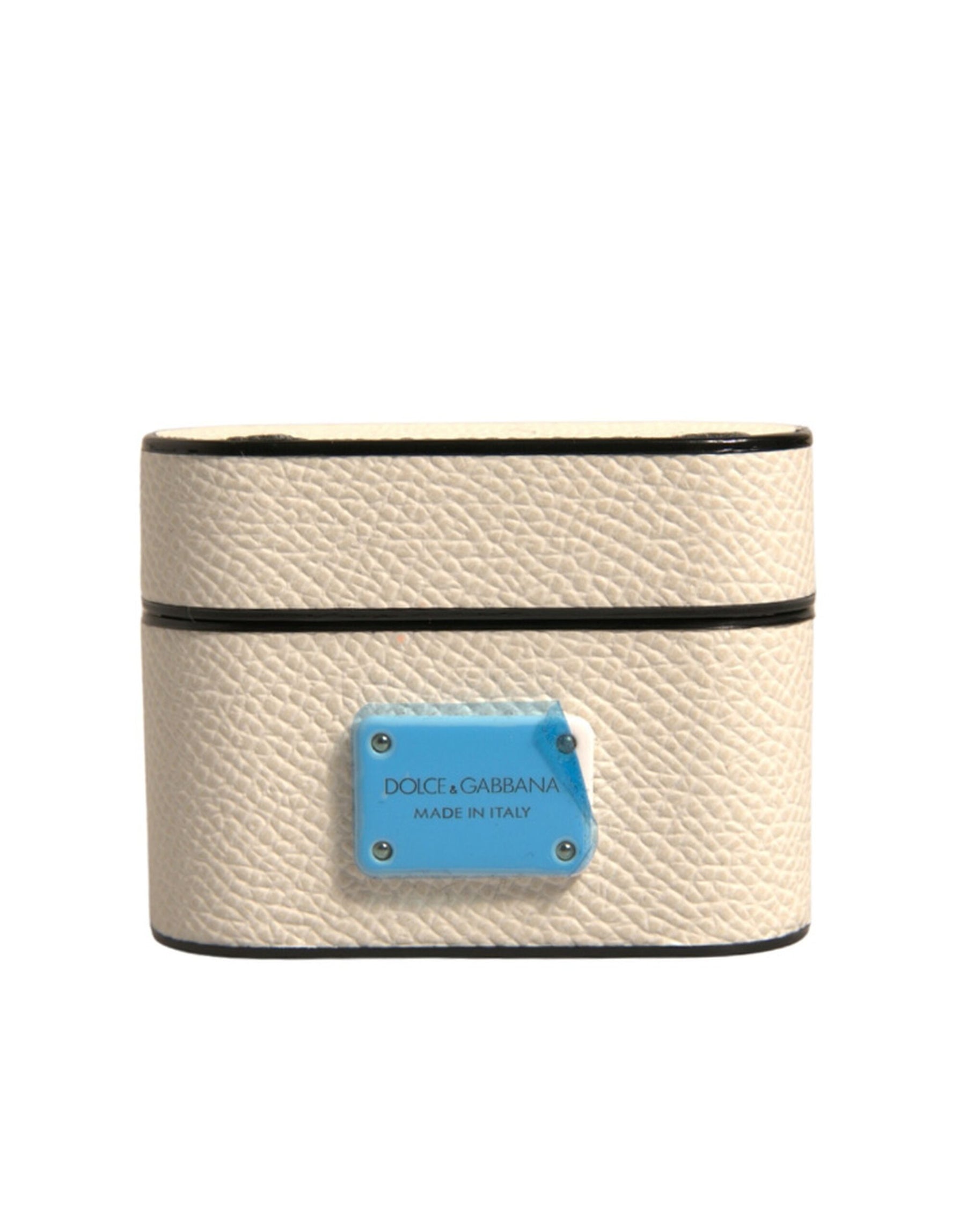 Dolce & Gabbana White Leather Metal Logo Plaque Holder Airpods Case | Regal Royce
