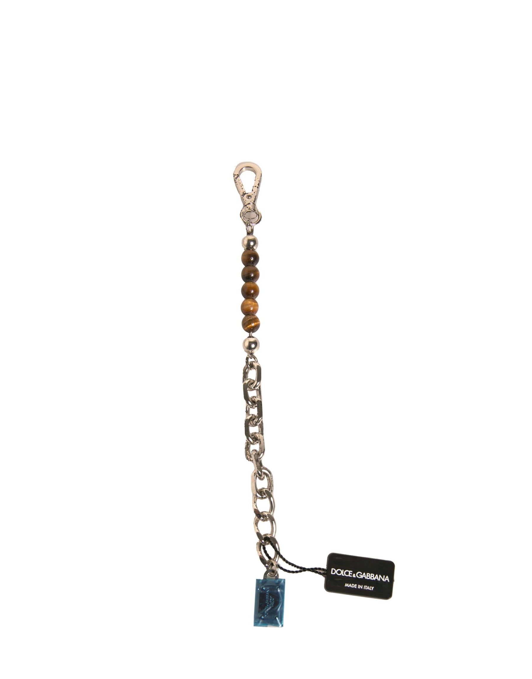 Dolce & Gabbana Silver Brass Chain Beaded Logo Plaque Keychain Keyring | Regal Royce
