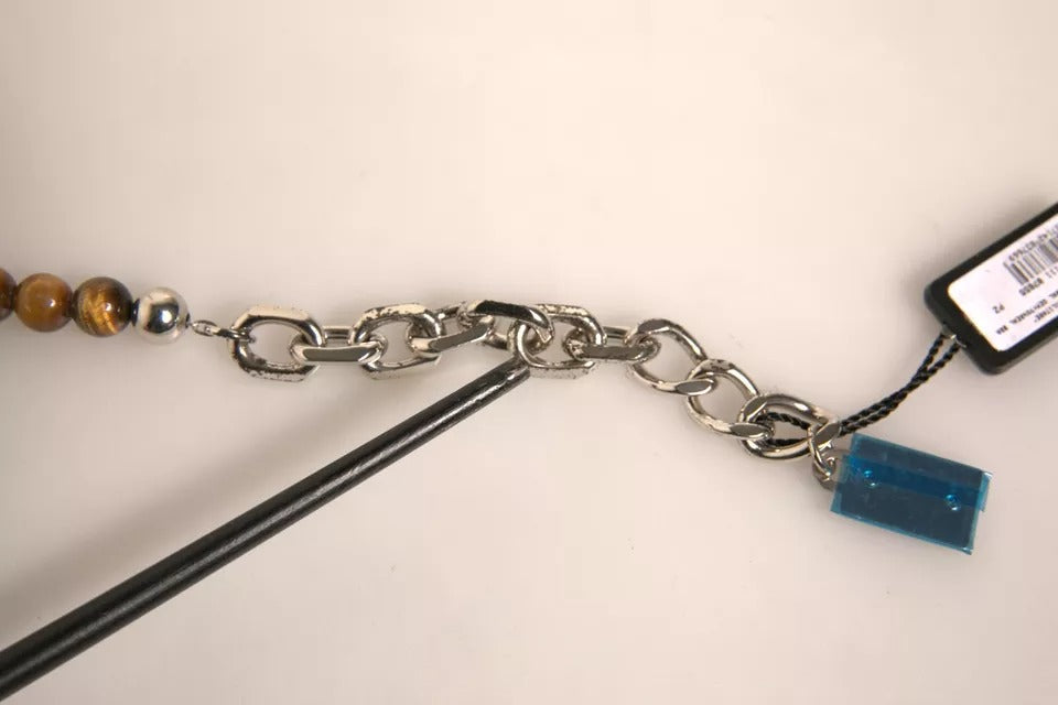 Dolce & Gabbana Silver Brass Chain Beaded Logo Plaque Keychain Keyring | Regal Royce