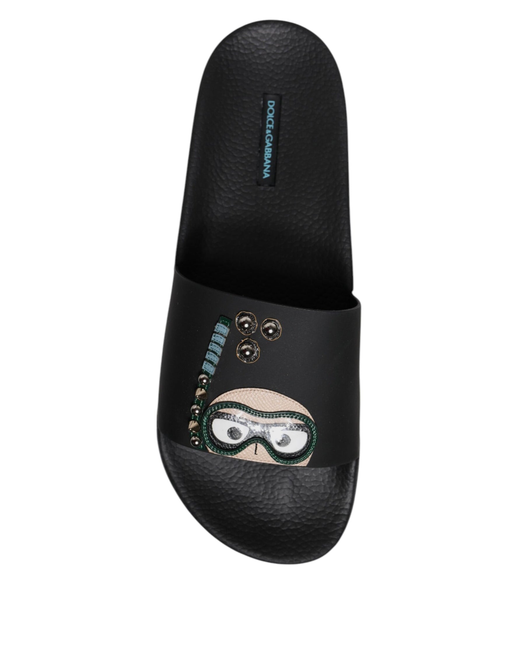 Dolce & Gabbana Black Divers Leather Flats Slides Sandals Beachwear Shoes | Regal Royce