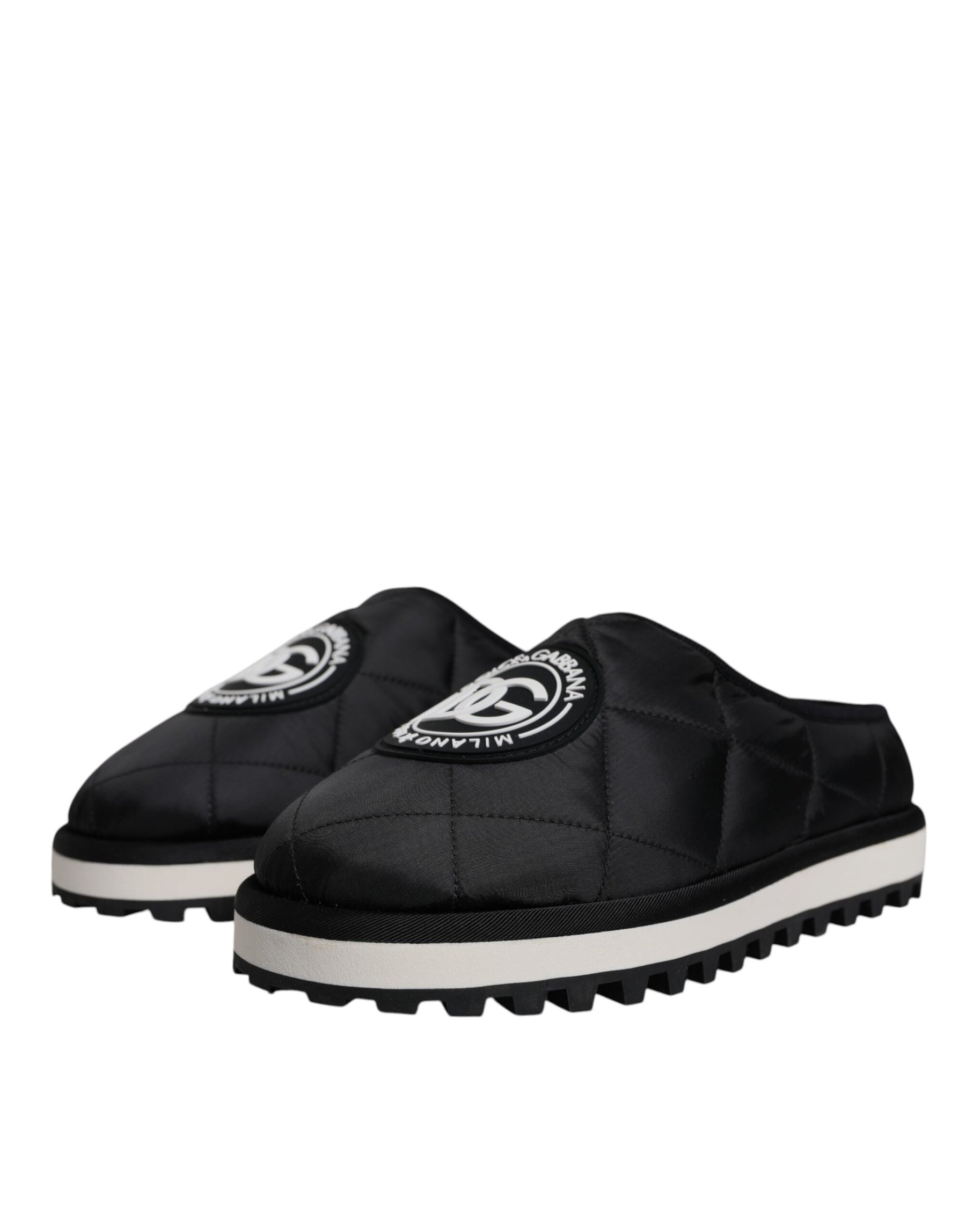 Dolce & Gabbana Black Nylon Quilted Logo Patch Sandals Slides Shoes | Regal Royce