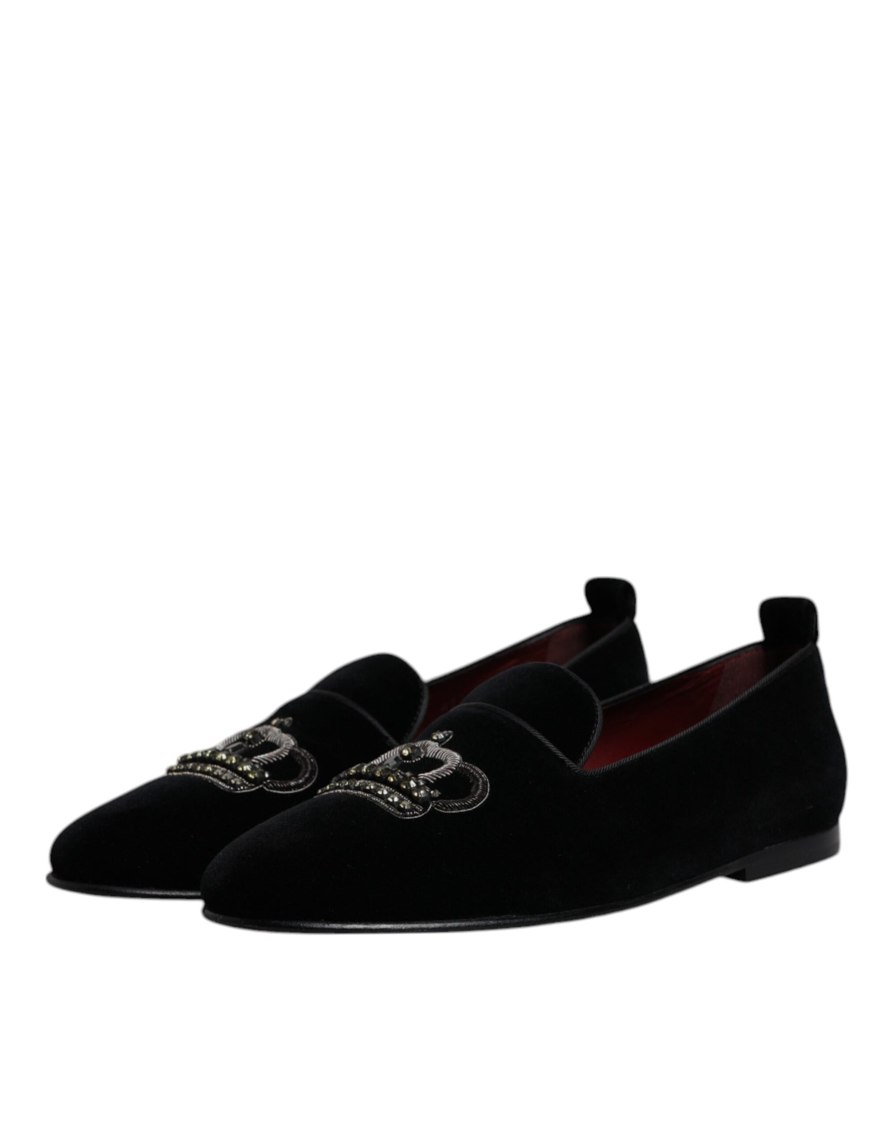 Dolce & Gabbana Black Velvet Crystal Crown Loafers Formal Dress Shoes | Regal Royce
