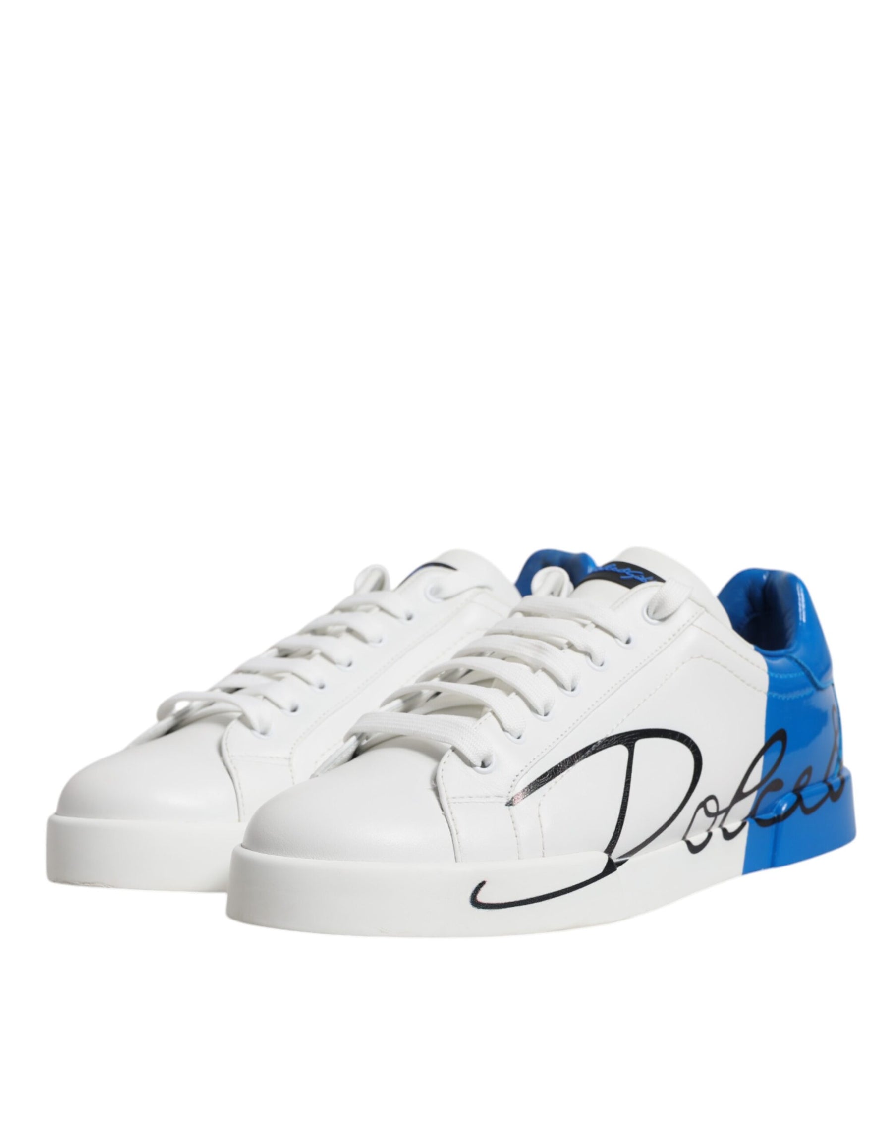 Dolce & Gabbana White Blue Portofino Leather Sneakers Shoes | Regal Royce