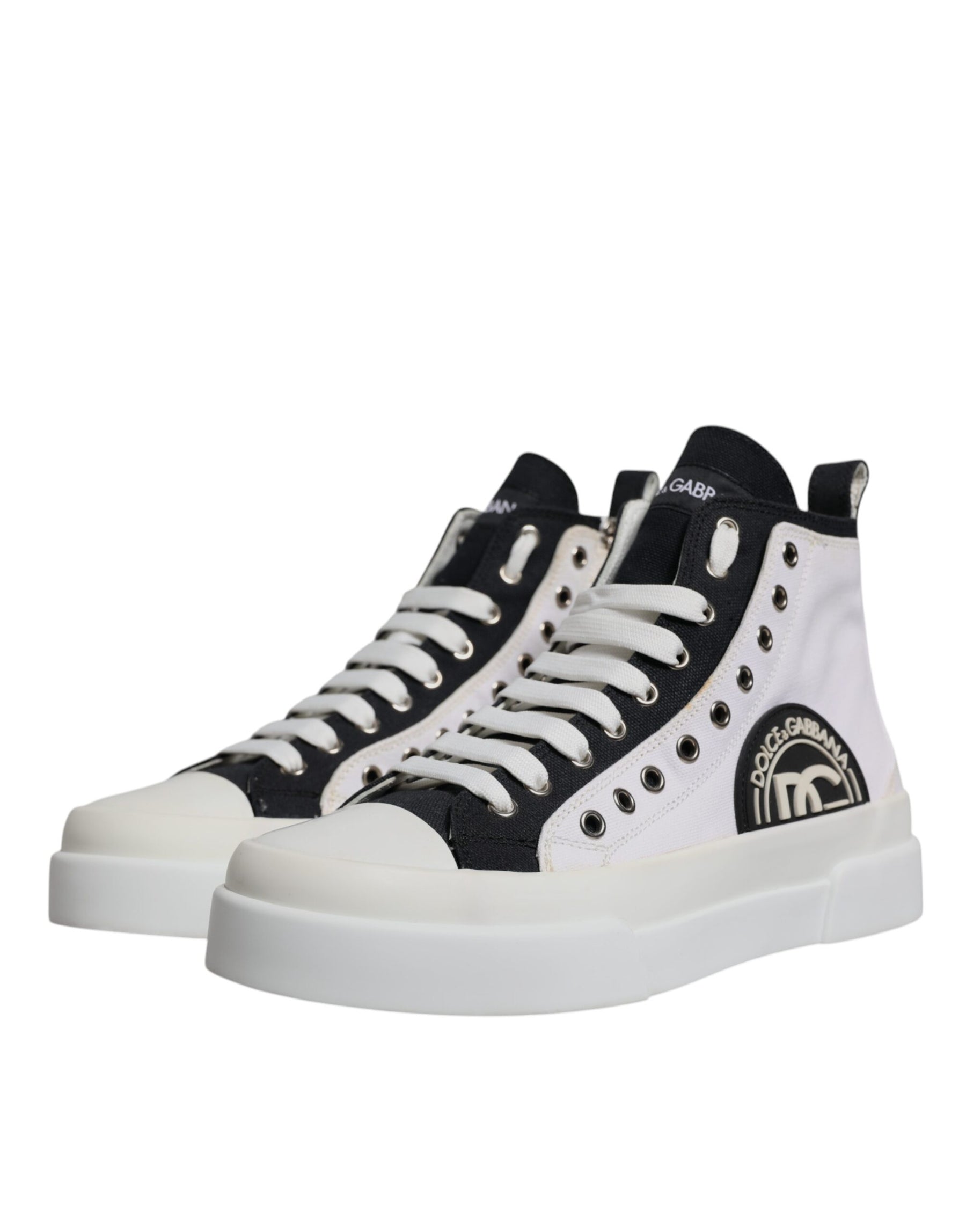 Dolce & Gabbana White Black Cotton High Top Sneakers Shoes | Regal Royce