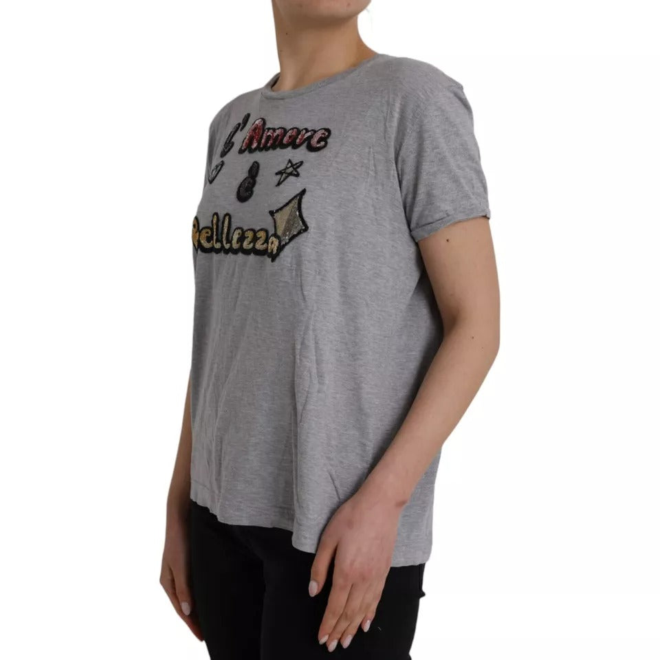 Dolce & Gabbana Gray Cotton L'Amore E'Bellezza Top T-shirt | Regal Royce