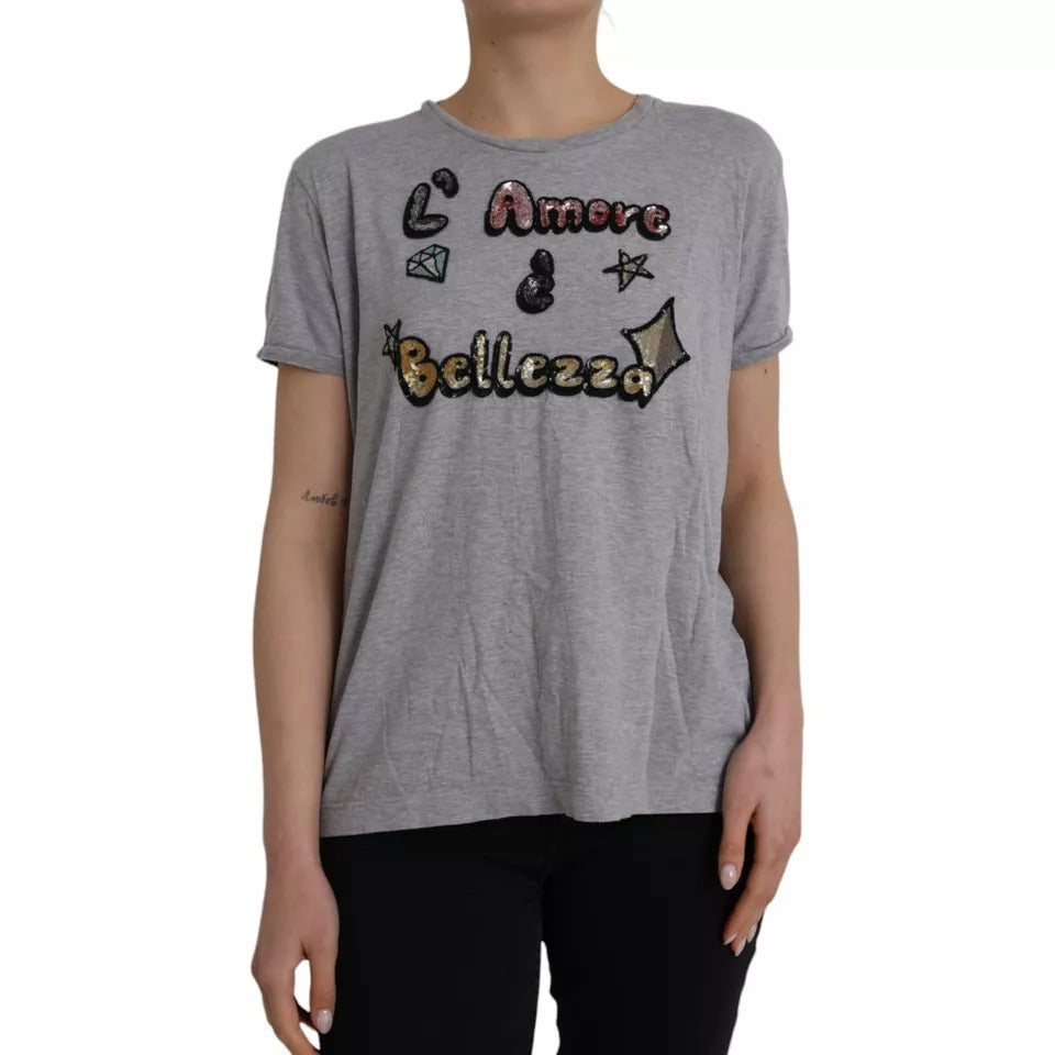 Dolce & Gabbana Gray Cotton L'Amore E'Bellezza Top T-shirt | Regal Royce