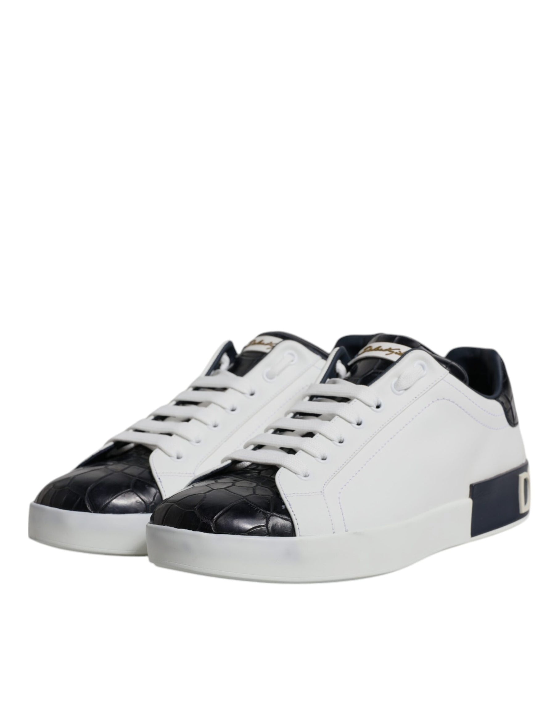 Dolce & Gabbana White Black Leather Portofino Sneakers Shoes | Regal Royce