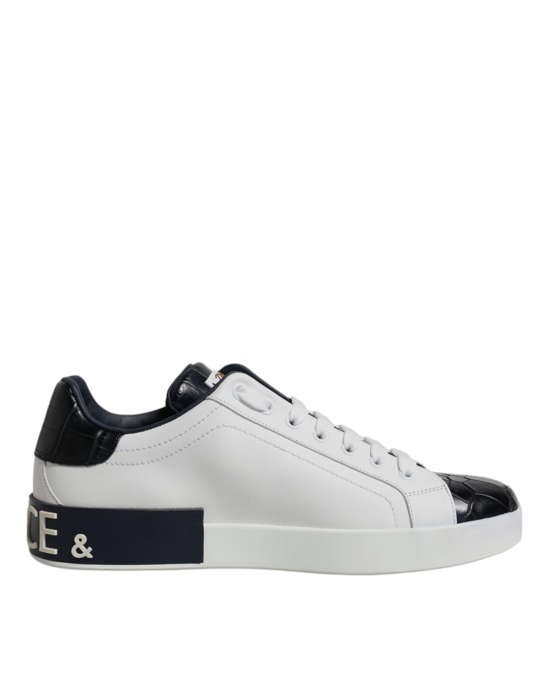 Dolce & Gabbana White Black Leather Portofino Sneakers Shoes | Regal Royce